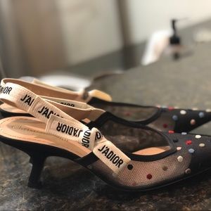 New Dior heels  Beautiful black mesh kitten heels  Covered in velvet polka dots